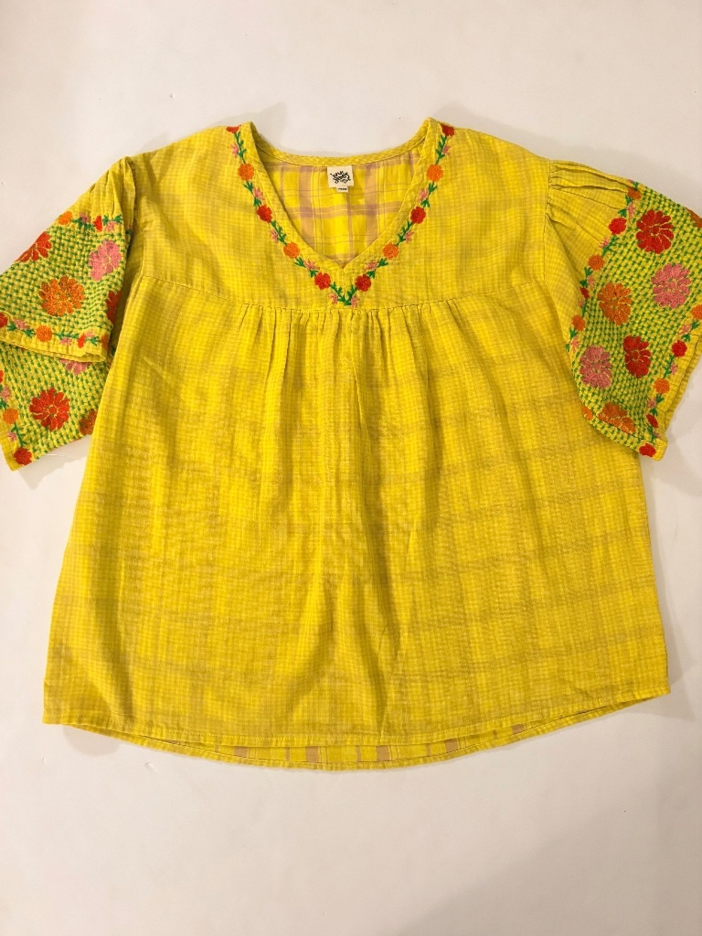 Ivy Jane Embroidered Top Size XS Yellow Boxy Boho Bell Sleeves Gauzy Tunic